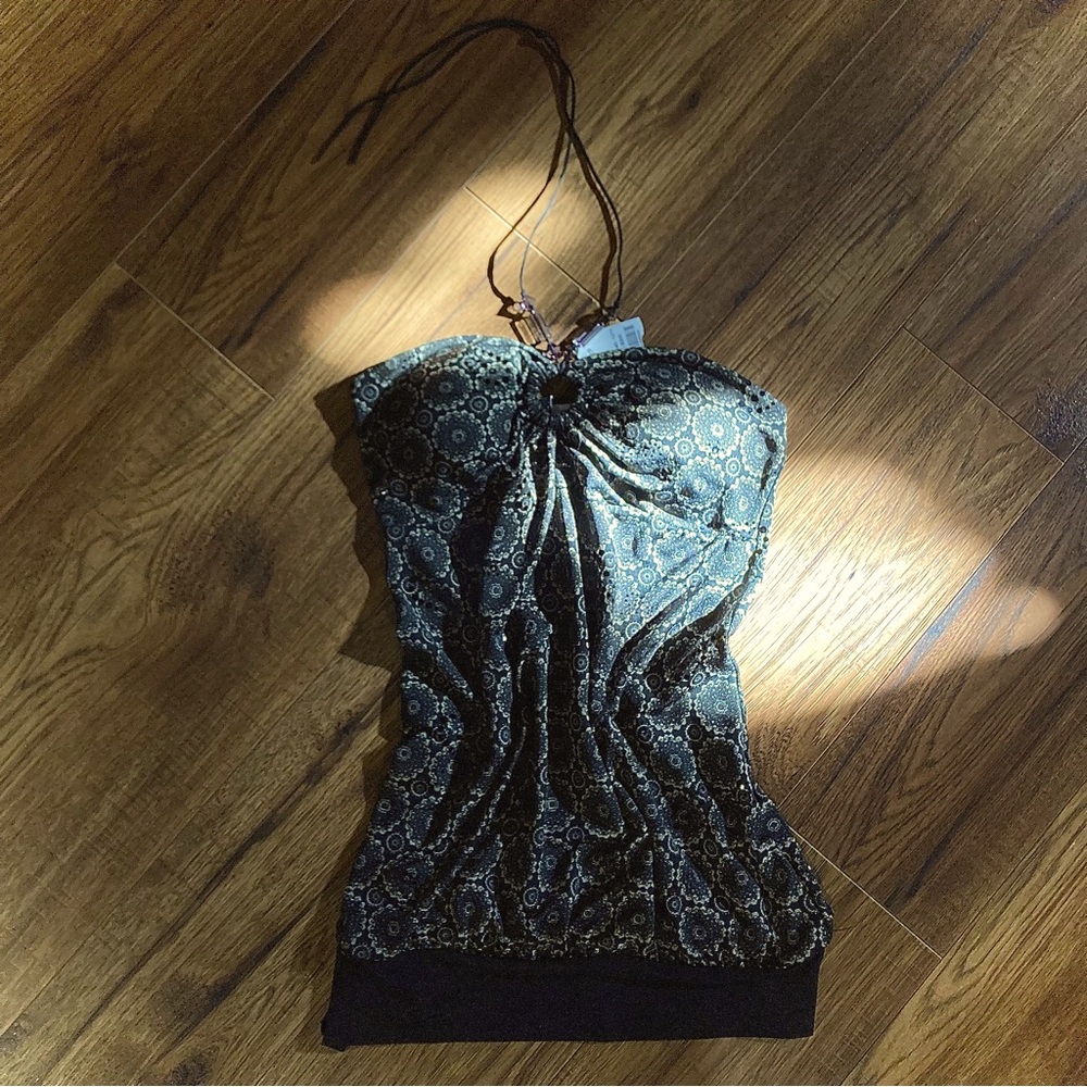 Y2K brown floral halter neck top beads and sequins